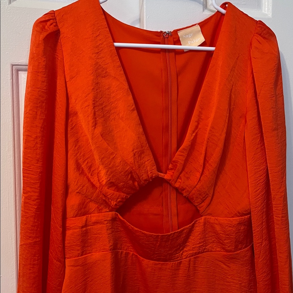 Sage + Paige Deep V Neck Front Cut-Out Mini Dress Long Sleeves Orange Size L - Picture 3 of 7